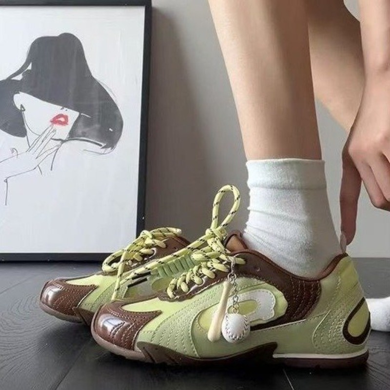 Women Shoes Brown Colour - Vintage Women Deconstructed Sneakers Brown‑Green Contrast
